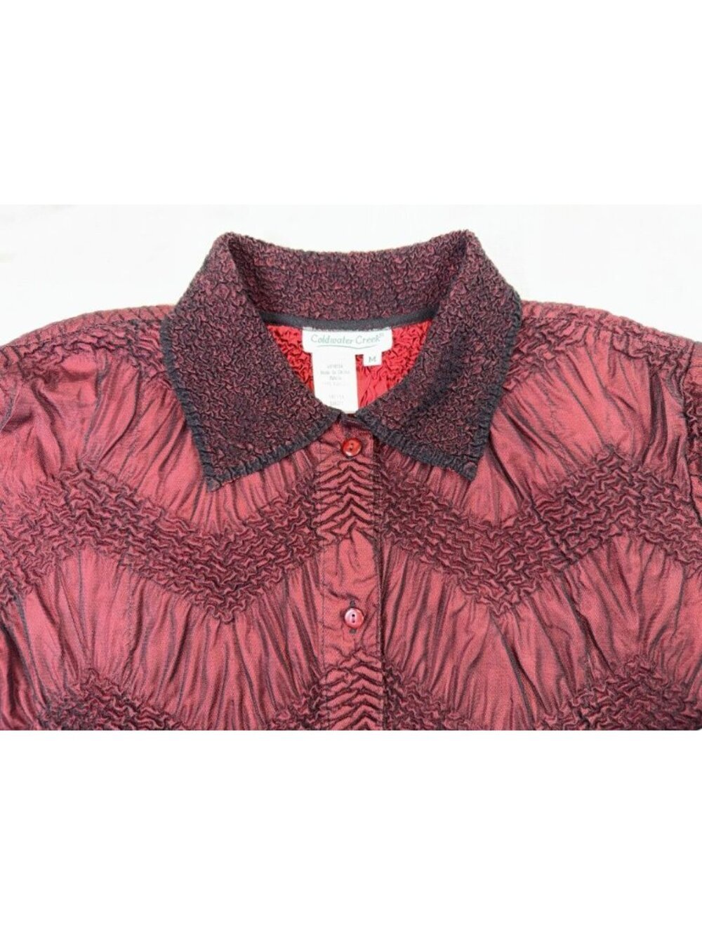 Coldwater Creek Red Crinkle Button-Up Top Lightweight Textured Chevron Medium - Picture 12 of 15